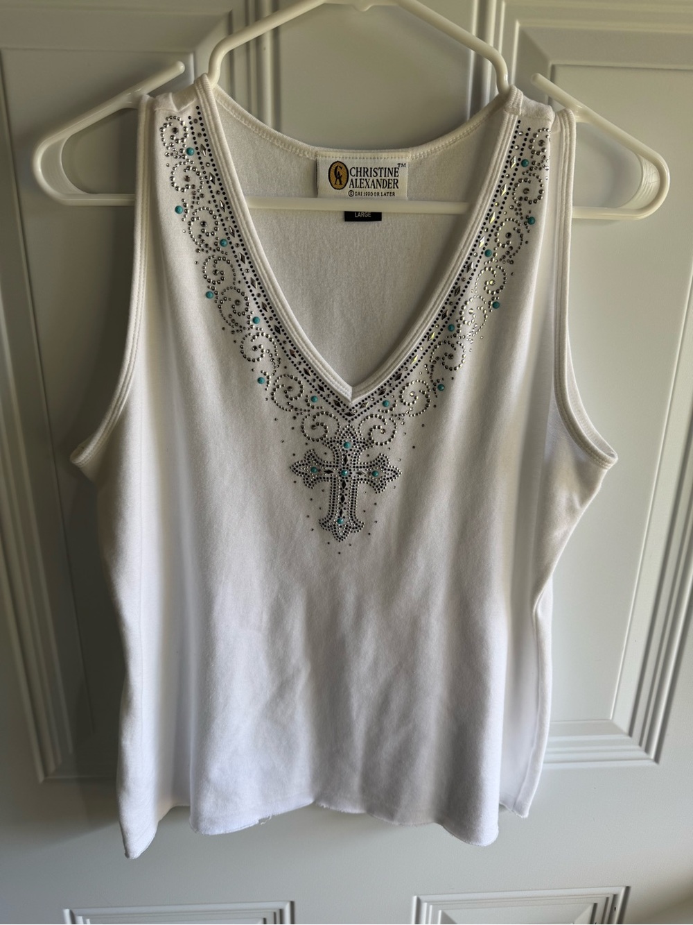 Christine Alexander White Embellished V-Neck Tank with Turquoise Accents